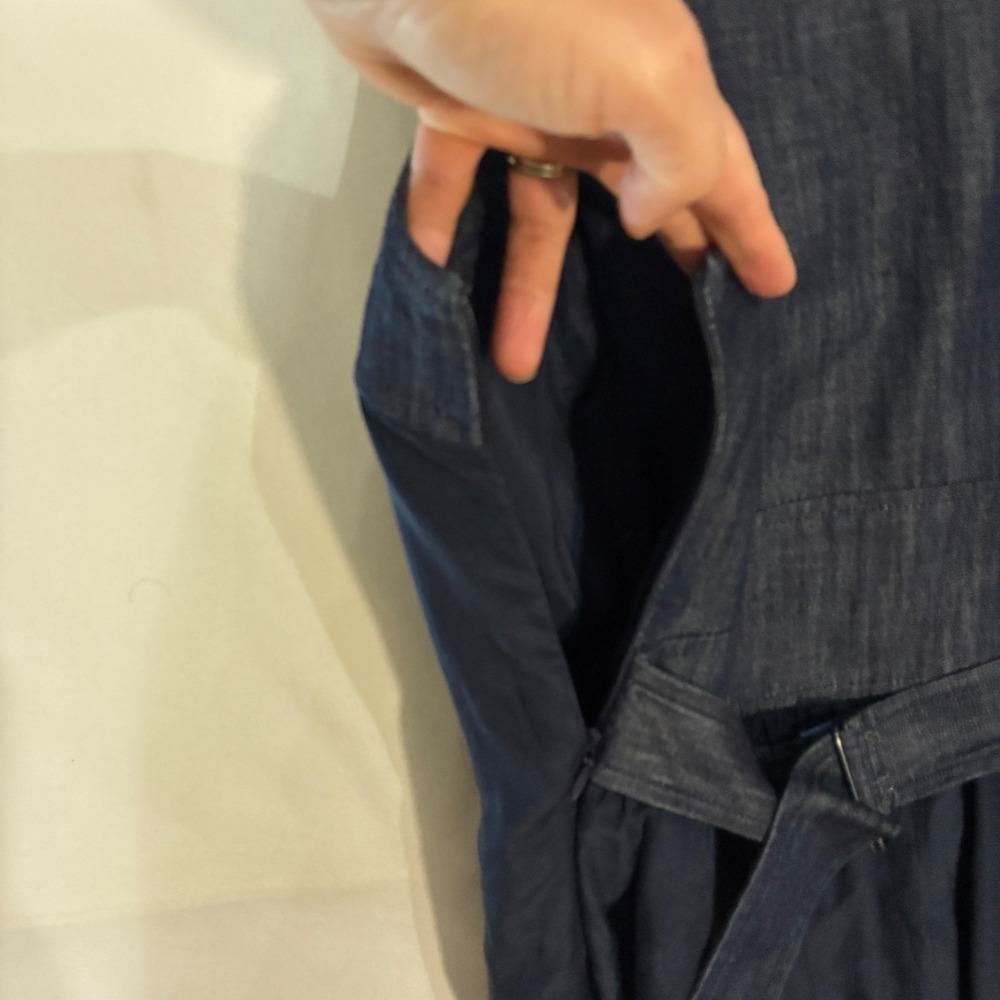 Mint Dress Women 4 Navy Blue Denim Silk Blend Sleeveless Shift Midi Pockets - Picture 9 of 12